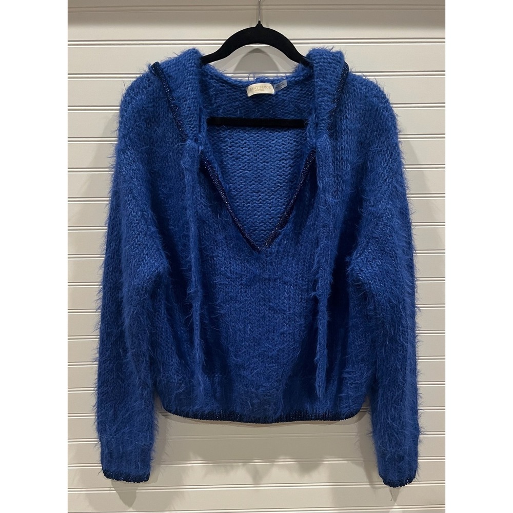Ramy Brook Blue Fuzzy Knit V-Neck Hoodie‎ Sparkle Trim Sweater Womens M/M